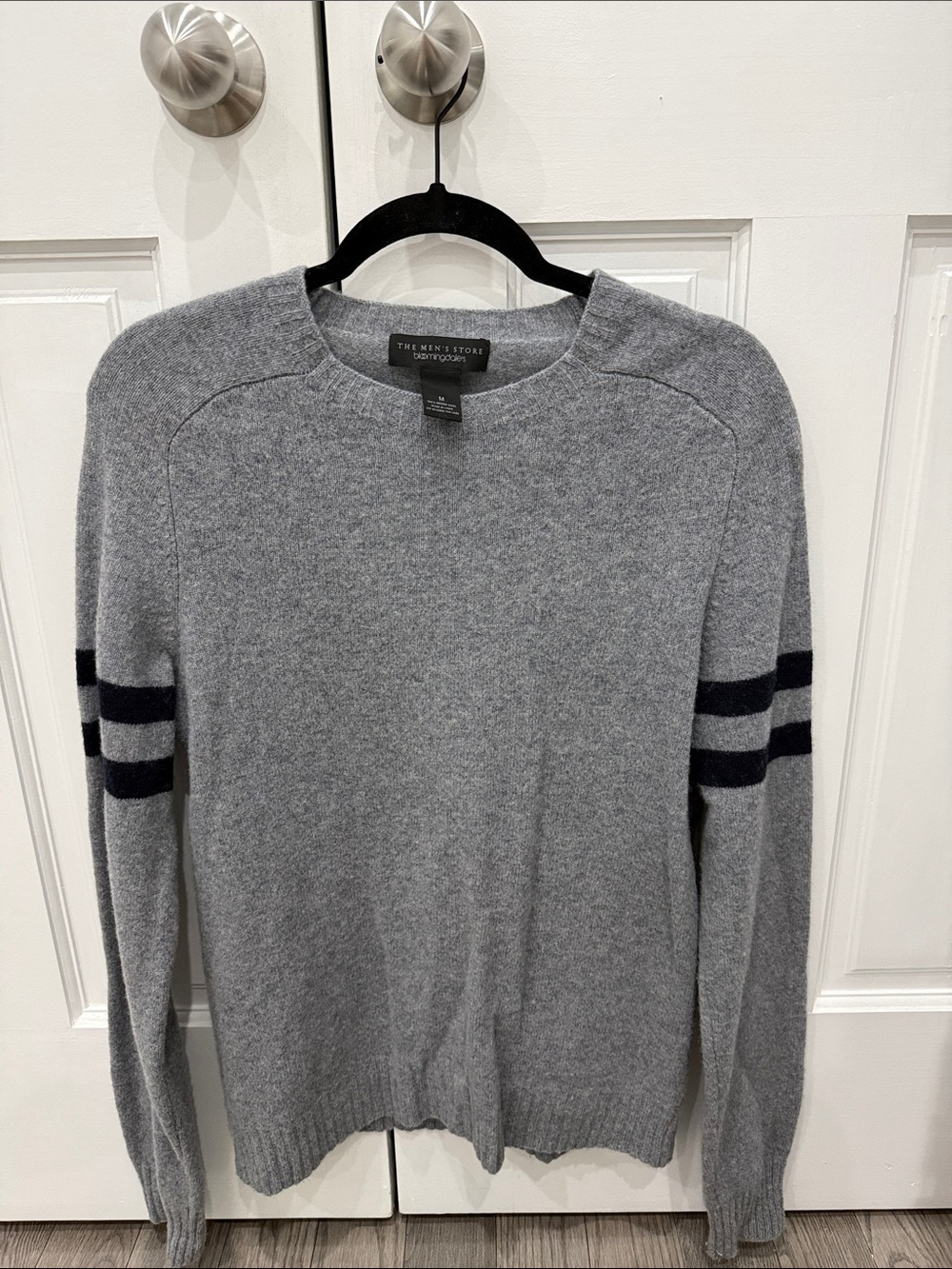 Bloomingdale's Grey Crewneck Sweater with Black Sleeve Stripes